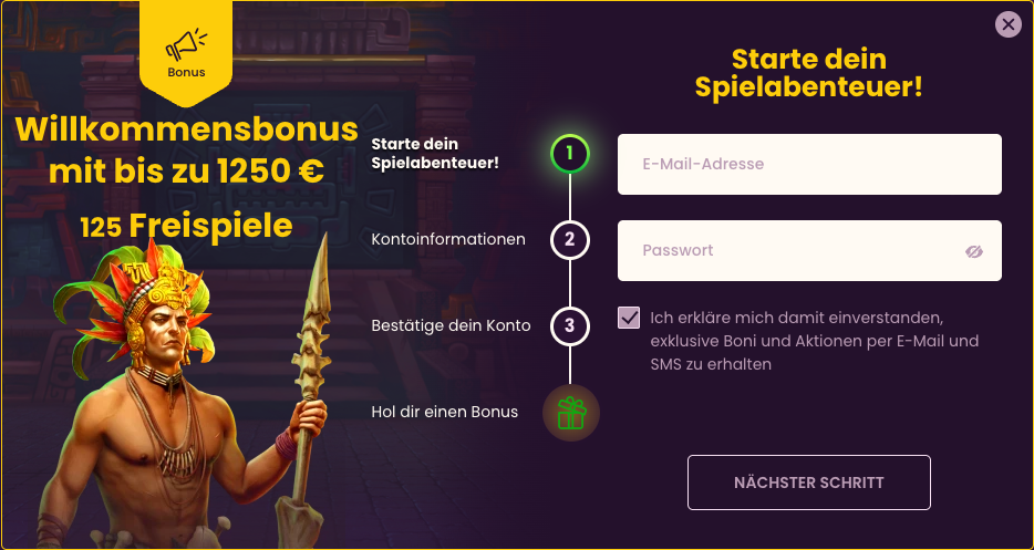 Originales Registrierungsformular von Bizzo Casino auf Deutsch